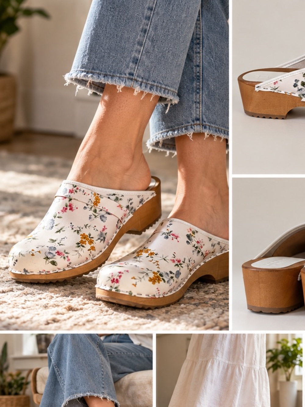 BJORK Linnea Wood Open Back Flower Print Leather Clogs EU 42 Women’s 11
